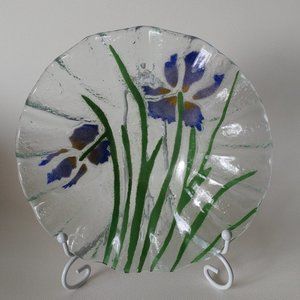 VINTAGE FUSED GLASS BLUE IRIS FLUTED GLASS DISH
